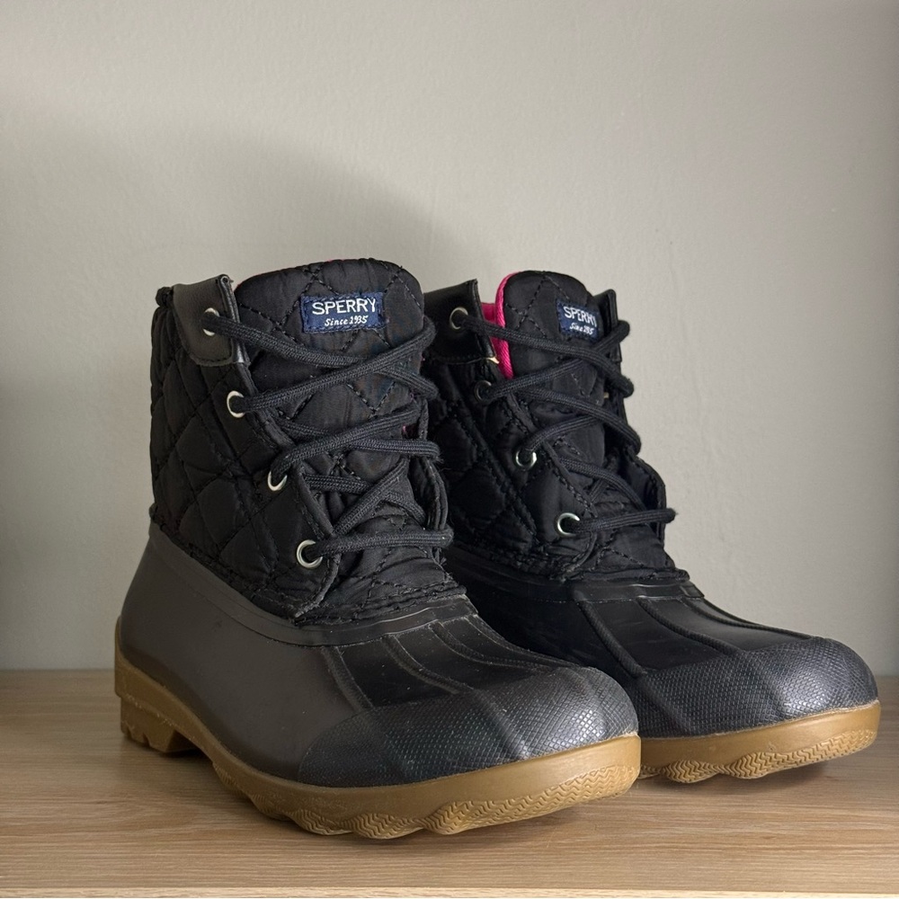 Sperry Port Black Quilted Boots with Tan Soles & Pink Lining Kids Girls